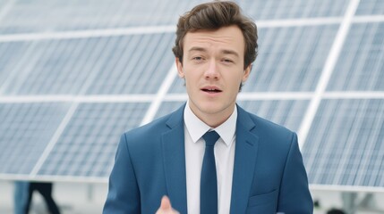 A professional man in a blue suit speaks confidently about renewable energy solutions in front of solar panels