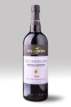 Marsala, Italy - May 16, 2025: Bottle of Vecchio Florio superior Marsala wine from historic Sicilian winery Florio, wine aged two years in oak barrels, Marsala year 2019 on white 