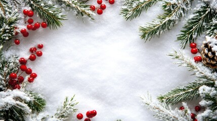 Festive Christmas Composition with Snow-Dusted Evergreen Branches and Red Berries