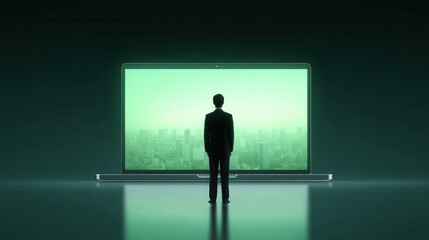 Obraz premium A silhouette of a person stands before a large screen displaying a green cityscape. The image captures the essence of digital transformation and futuristic concepts.