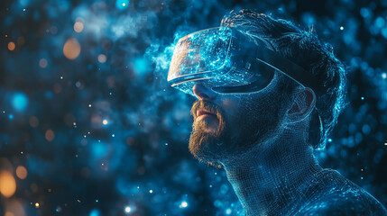 Virtual reality headset man exploring digital metaverse with futuristic blue light and smoke