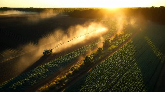 Aerial view of advanced irrigation systems watering agricultural fields with drones and sprinklers at sunset, showcasing smart farming technology and sustainable agriculture