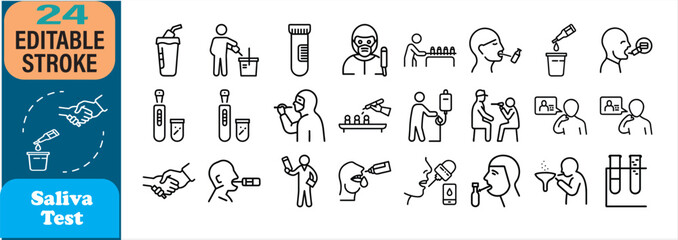 Vector icon set illustrating procedures and processes involved in saliva testing and diagnostics © Orko