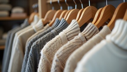 Obraz premium A row of knitted sweaters hanging on wooden hangers in a clothing store