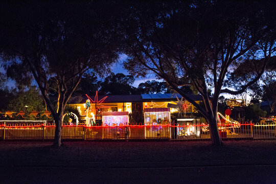 Christmas lights on country house