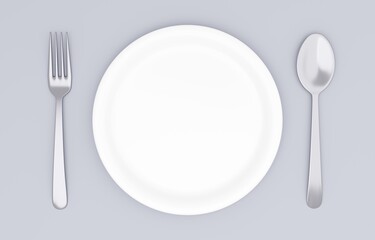 3Dイラスト_皿とカトラリー_グレー