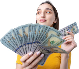 Photo of a wealthy woman in simple clothes holding a fan of dollar money isolated against a...