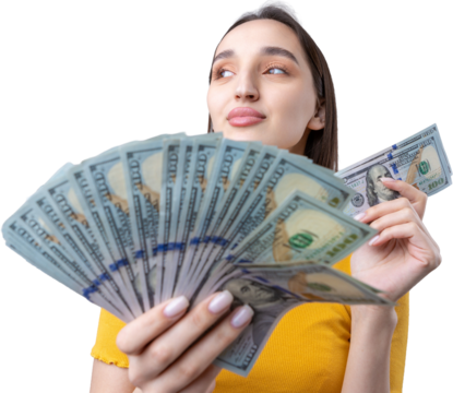 Photo of a wealthy woman in simple clothes holding a fan of dollar money isolated against a concrete wall background