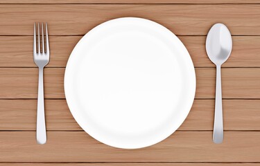 3Dイラスト_皿とカトラリー_木のテーブル