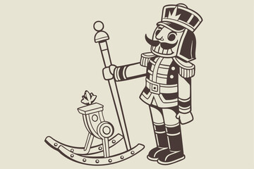 143 nutcracker soldier, toy soldier, tin soldier, holiday decor, christmas ornament, wood carved toy, traditional nutcracker, military uniform, crown, scepter, standing pose, digital art, digital illu