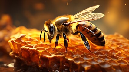 Close up macro view of a bee perched on fresh honeycomb with golden highlights