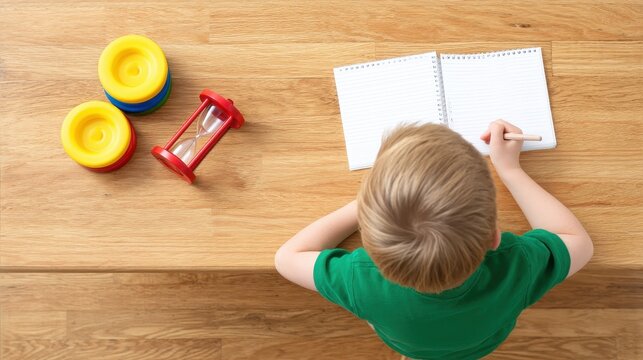 A young child engaged in creative play, writing in a notebook on a wooden table. Colorful toys are nearby, emphasizing a joyful and imaginative learning environment.