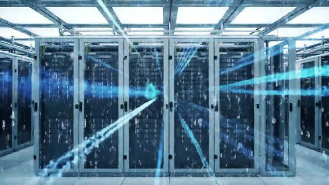 This location features a high-tech data center with rows of servers, showcasing blue data streams that symbolize information flow and processing. It's a hub for digital infrastructure.