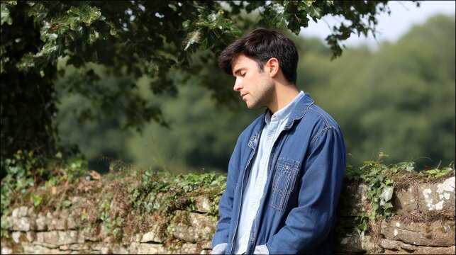 A young man contemplates life while leaning against a stone wall, surrounded by lush greenery and a serene atmosphere, reflecting a moment of introspection and peace.