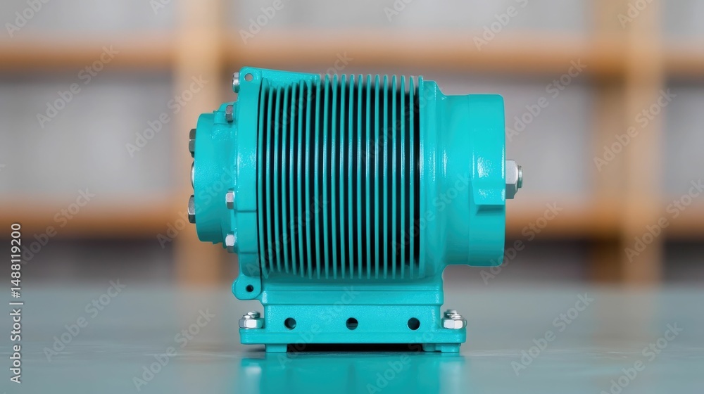 Poster group of engineers closely examining and analyzing an electric motor placed on a table in a contempo