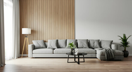modern,  living room,  interior design, Modern Living Room Interior Design with Light Grey Sectional Sofa and Wooden Wall