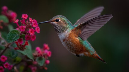 Naklejka premium Hummingbird drinking nectar from a pink flower.