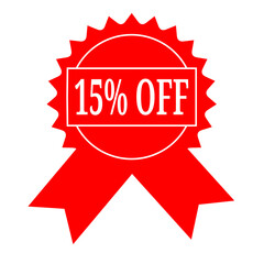 15% Off Discount Badge Red Ribbon Sale Label, Promotion, Clearance, Deal, Offer