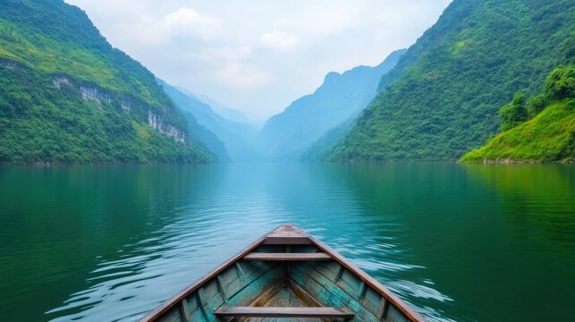 Tranquil mountain ringed lake with a small boat drifting peacefully on the calm reflective waters surrounded by lush verdant vegetation and rugged peaks
