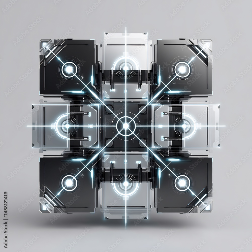 Poster futuristic cubic construct: interconnected modules with luminous lines and details