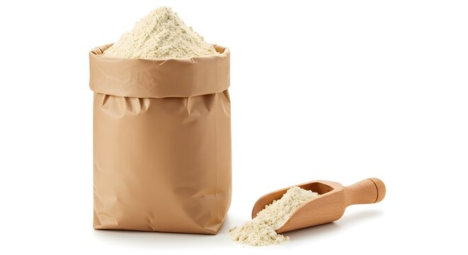 Araruta Flour in Kraft Paper Bag with Wooden Scoop on White Background