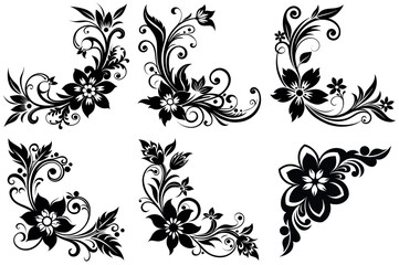 Elegant floral corner designs in black and white for decoration projects vector silhouettes
