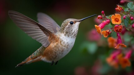 Fototapeta premium Hummingbird sips nectar from vibrant orange flower