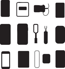 Fototapeta premium Black and White Vector Icons: Smartphone, Tablet, Camera, and SIM Card Tools - Minimalist Silhouette Graphics Set for Tech Design