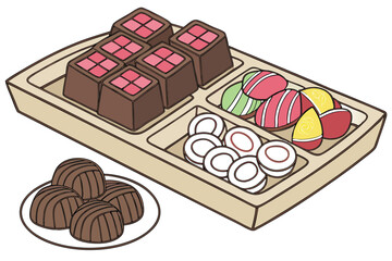 144 candy,sweets,confectionery,dessert,treats,chocolate,caramel,marshmallow,licorice,fruit-flavored,colorful,assortment,wooden tray,arrangement,still life