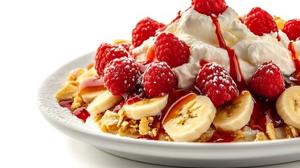 Delicious Dessert with Whipped Cream, Raspberries, Bananas, Granola, and Berry Sauce on White Plate
