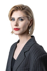 Portrait of a seductive, stylish business lady in the studio. Blonde girl in a suit and top.