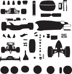 Formula 1 Car Silhouette Vector Illustration: Detailed Black and White F1 Racing Car Parts and Components Graphic Design Element