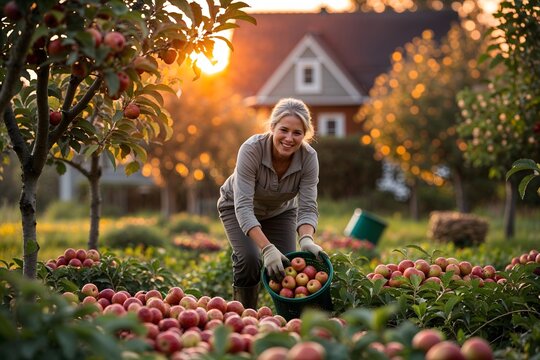 A woman harvests apples near her house in her garden.