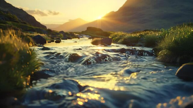 Mountain stream flowing over rocks at golden hour as soft sunlight touches the hills, creating a peaceful and natural moment in the wild countryside with flowing water and scenic views