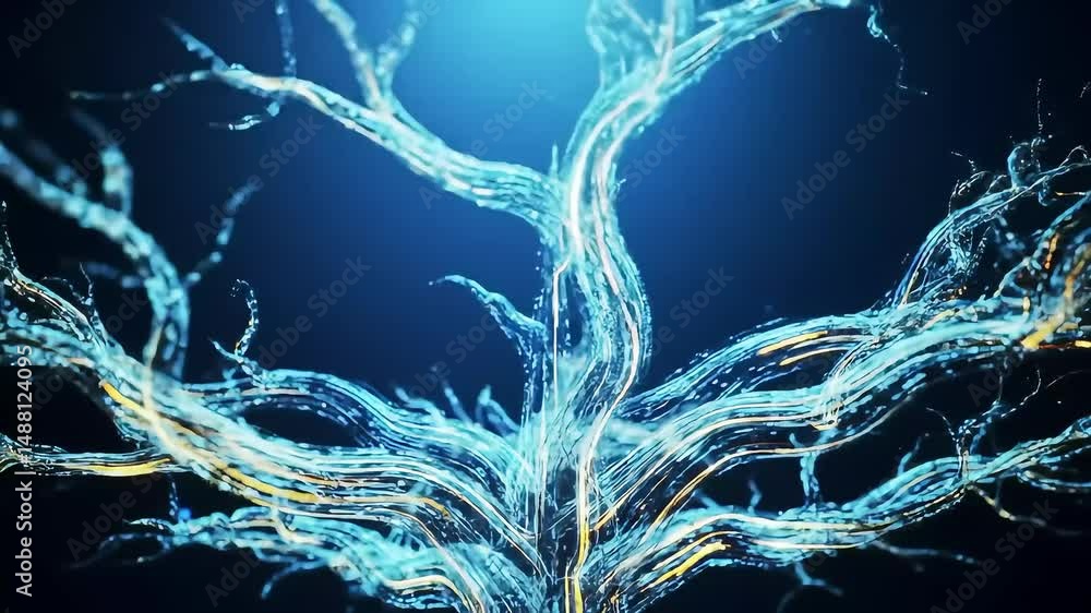 Poster abstract animation of flowing energy resembling a luminous tree against a dark backdrop