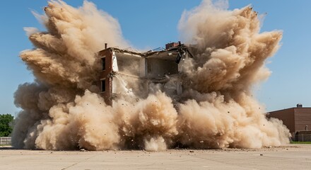 Demolition Explosion: Building Collapse in Dust Cloud