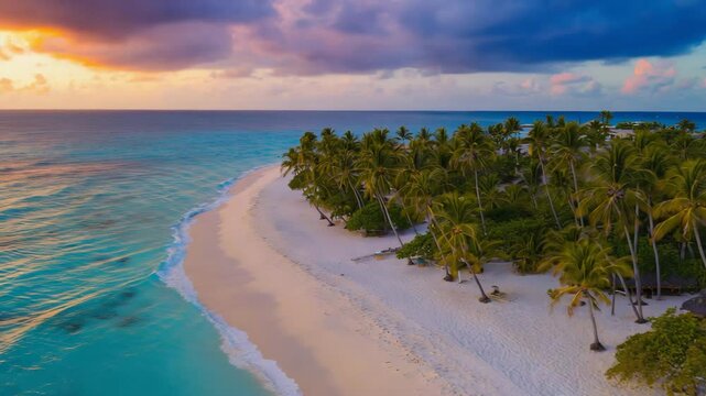 Aerial drone flying above a tiny white sand island with green palm trees surrounded by blue tropical sea under bright sunlight, showing paradise nature and isolated scenic beauty