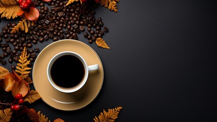 Overhead view of coffee cup surrounded by coffee beans and autumnal foliage on a black background