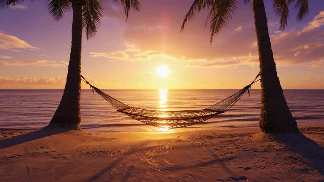 Silhouetted palm trees on a tropical beach during colorful sunset, as gentle waves roll in and the orange sky glows over the calm sea, creating a romantic and relaxing island vibe