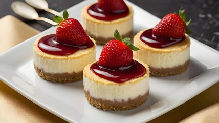 Delicious Mini Cheesecakes with Strawberry Topping and Glaze.