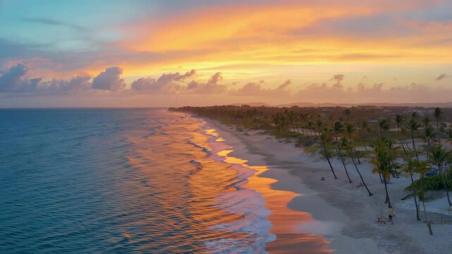 Golden shoreline curves along a tropical beach as evening sun lights the wet sand and calm waves touch the coast, creating a warm and scenic view from the ocean�s edge