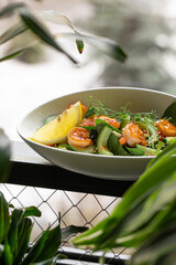Portion of gourmet salad with fresh vegetables and shrimp