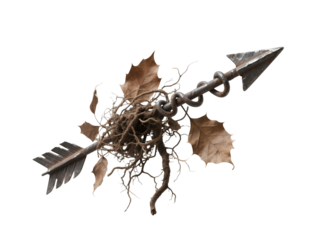 floating iron arrow with a bent tip, entangled in dry leaves and roots, clean