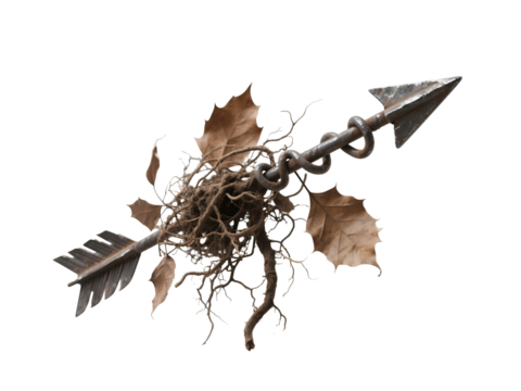 floating iron arrow with a bent tip, entangled in dry leaves and roots, clean