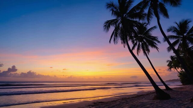 A palm tree silhouette stands against a glowing sunset over a still sea with warm colors reflecting across the water, creating a peaceful tropical evening by the coast