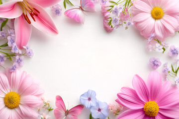 Delicate Floral Arrangement With Pink Gerbera Daisies Lilies Butterflies And Various Flowers On A White Background