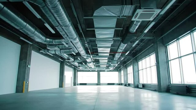 Modern industrial interior empty space with hvac system and large windows