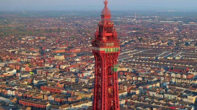 Aerial video of the Blackpool tower with the Blackpool townscape on the background