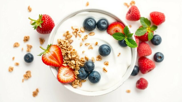 Frische Fr&uuml;hst&uuml;cksschale mit Joghurt, Erdbeeren, Heidelbeeren und Knusperm&uuml;sli auf wei&szlig;em Hintergrund. Gesund und lecker angerichtet &ndash; perfekt f&uuml;r Food-Themen.