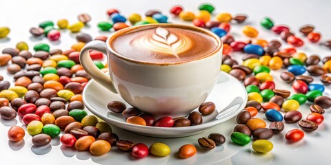 Rich brown cappuccino coffee with creamy foam on a white background, surrounded by colorful chocolate candies , creamy, treats